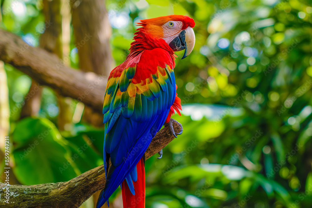 Obraz premium colorful macaw parrot in green tropical jungle, generative AI