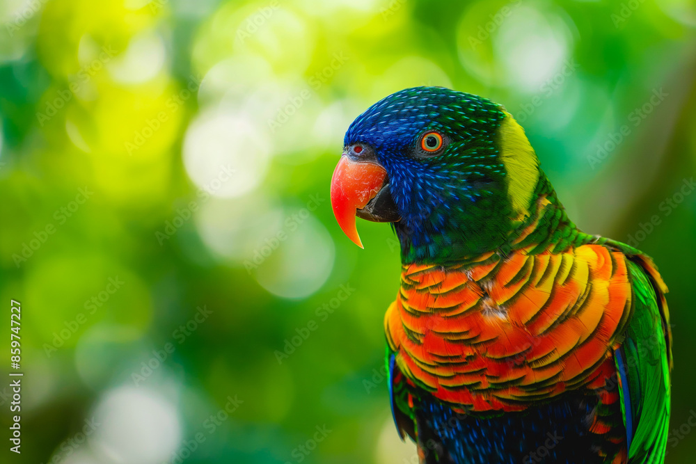 Fototapeta premium colorful macaw parrot in green tropical jungle, generative AI