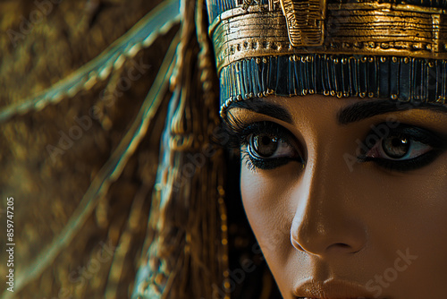 Obraz na płótnie beautiful brown skin egyptian Pharaoh cleopatra, egyptian queen cleopatra in heavy make-up and royal jewelry, geberative AI w salonie