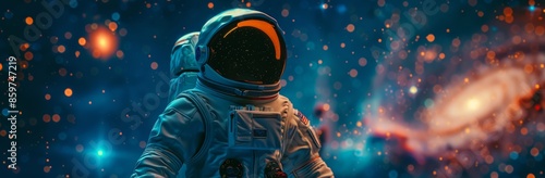 With the Milky Way galaxy in the background, we see a cute cartoon astronaut wearing a white space suit photo
