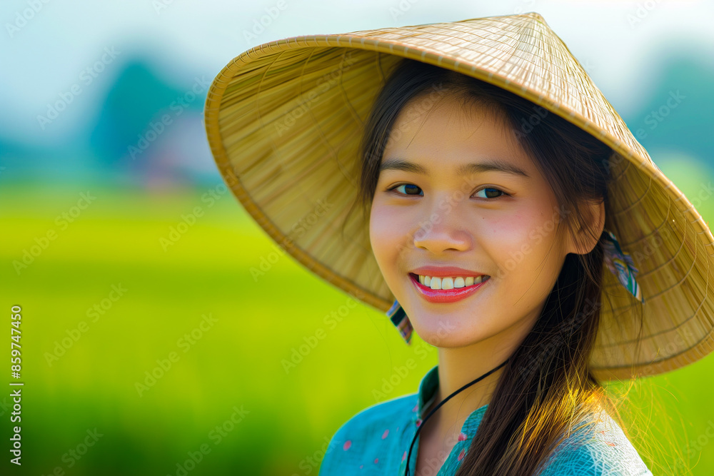 beautiful young vietnamese woman in a triangular straw hat on the background of a rice field, generative AI