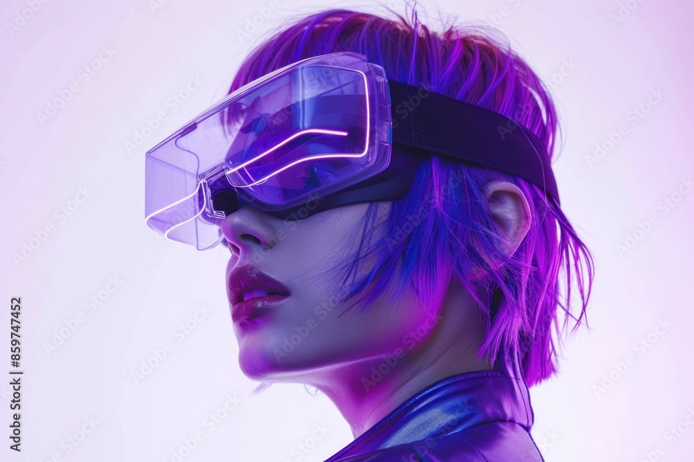 Futuristic woman with purple hair in virtual reality glasses. Futuristic woman with purple hair in virtual reality glasses.
