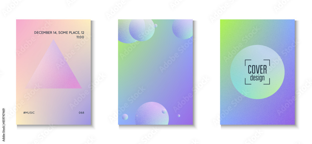 Fototapeta premium Holographic Design. Hipster Placard. Digital Banner. Minimal Poster. Aesthetic Circle Template. Grainy Triangle Shape. Purple Noise Abstract Set. Violet Holographic Design