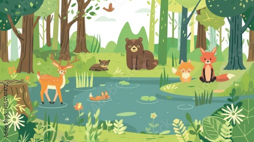 Cartoon illustration with a bear, squirrel, and bird on a forest fence. photo