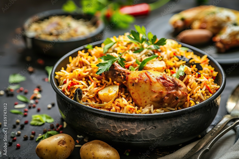Biryani with chicken and potatoes in iron bowl on blask stone background. Selective focus Biryani with chicken and potatoes in iron bowl on blask stone background. Selective focus