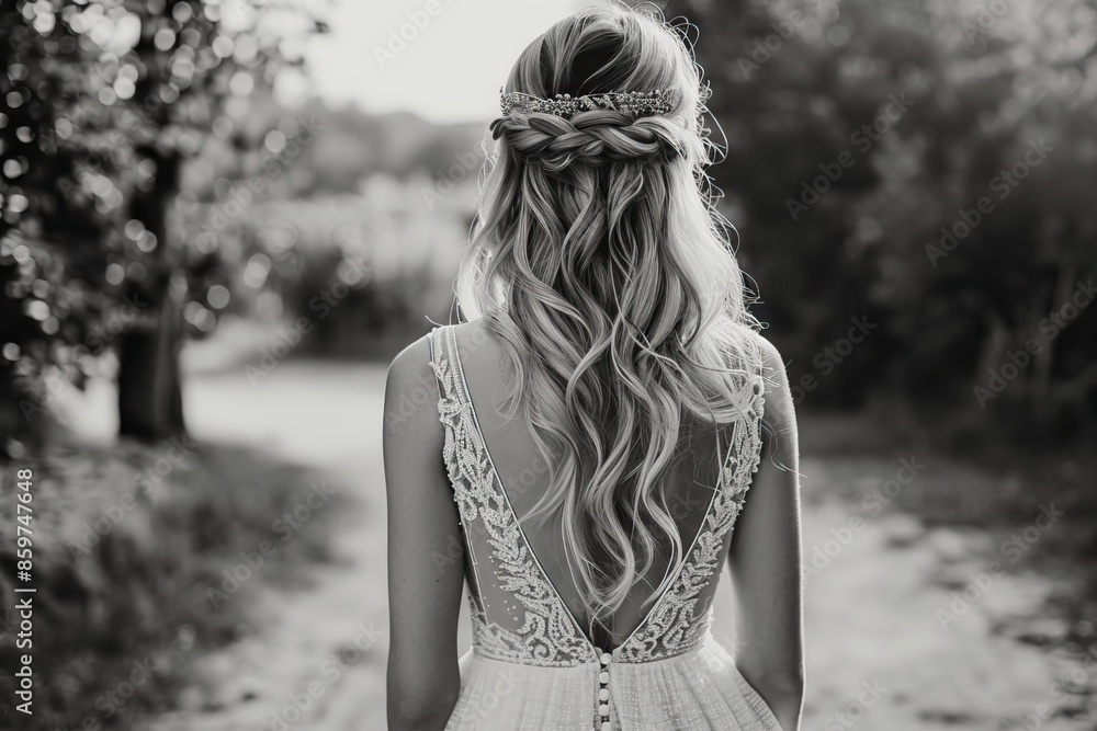 Blonde bride in white dress in summer garden view. Blonde bride in white dress in summer garden view.