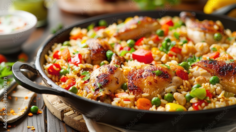 Macro Shot of Arroz con Pollo in Frying Pan