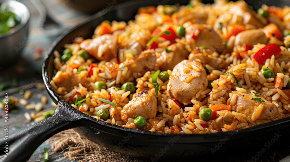 Macro Shot of Arroz con Pollo in Frying Pan Macro Shot of Arroz con Pollo in Frying Pan