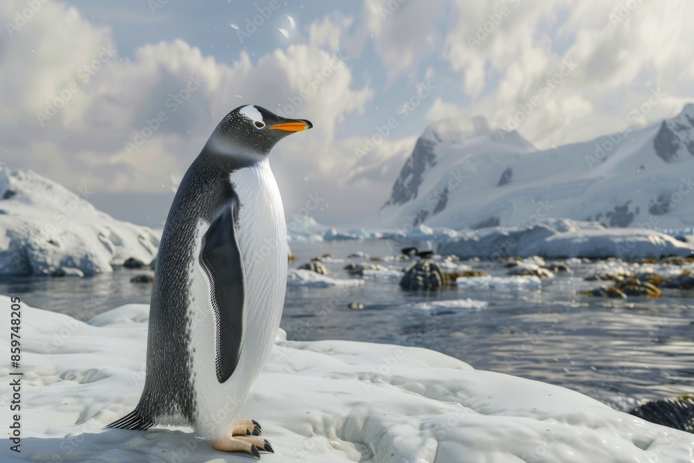 Fototapeta premium Gentoo penguin standing on a snow bank with a body of water and snow capped mountains in the background. The penguin is looking to the left of the frame