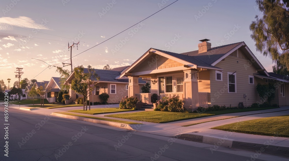Early morning tranquility in a suburban area with a sandy beige Craftsman house, suburban streets in sequence, suburban quiet evident, all under the soft dawn light. Early morning tranquility in a suburban area with a sandy beige Craftsman house, suburban streets in sequence, suburban quiet evident, all under the soft dawn light.