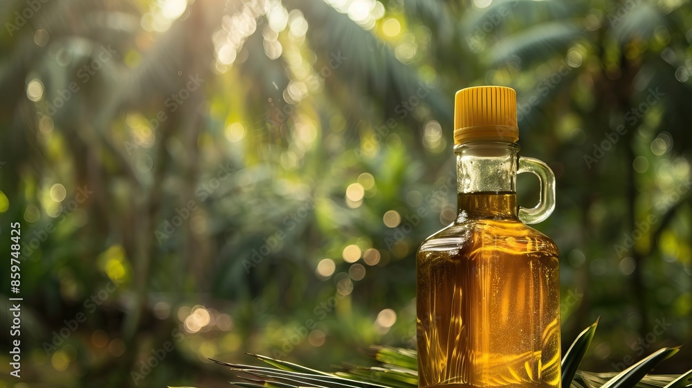 Palm oil bottle with plantation background. Palm oil bottle with plantation background.