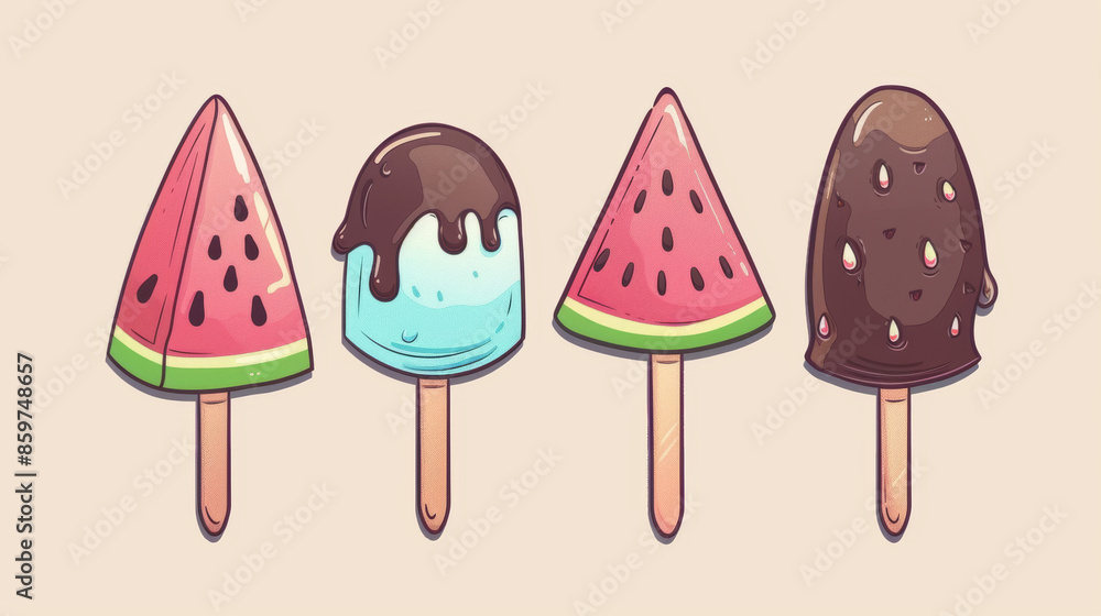 Melting ice cream cartoon on a stick collection of a watermelon and chocolate ice cream. Dripping ice cream lolly is cute, summer candy for any occasion. Melting ice cream cartoon on a stick collection of a watermelon and chocolate ice cream. Dripping ice cream lolly is cute, summer candy for any occasion.
