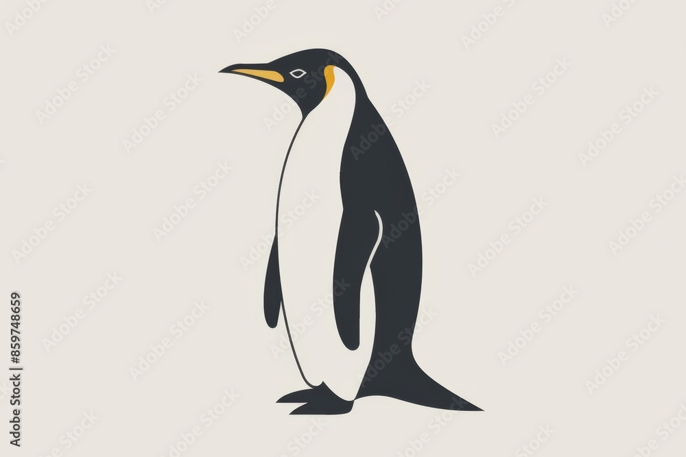Fototapeta premium Simple illustration of an emperor penguin standing in profile, facing left, with a white background, ideal for minimalist designs