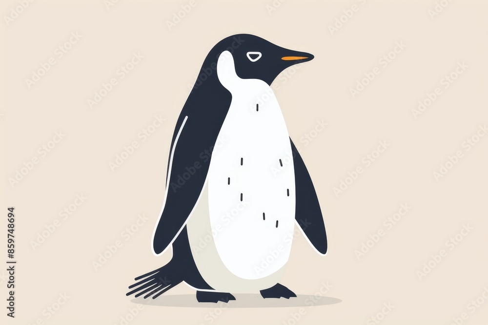 Fototapeta premium Minimalist illustration of an emperor penguin standing and looking to the right of the frame, set on a plain background with copy space