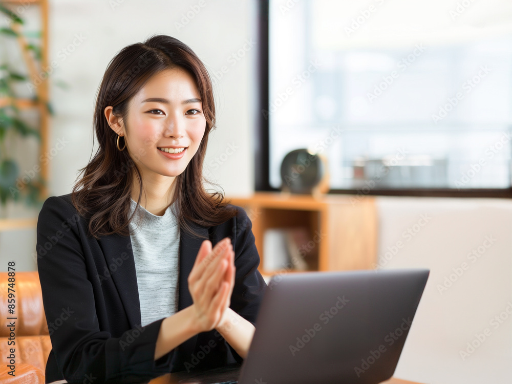 ノートパソコンに話す女性 ノートパソコンに話す女性