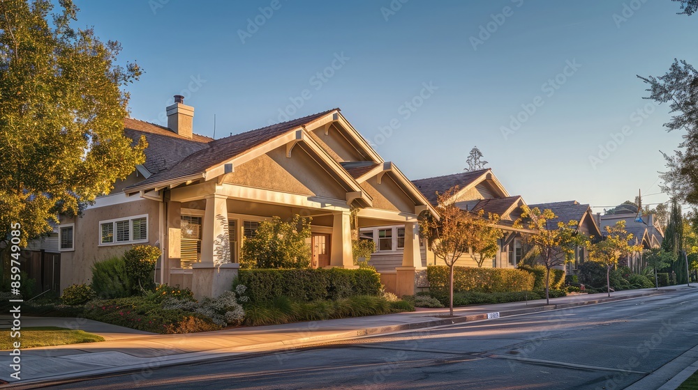 The early morning light softly touching a sandy beige Craftsman style house, with the suburban streets around it empty and peaceful. The early morning light softly touching a sandy beige Craftsman style house, with the suburban streets around it empty and peaceful.