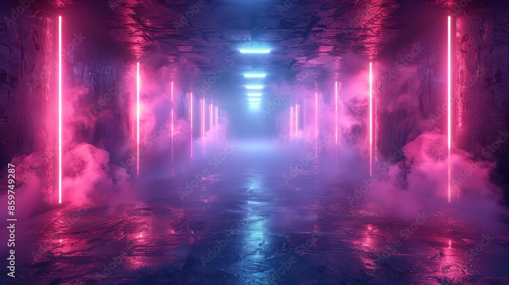 A suspenseful corridor bathed in neon pink and blue lights, filled with mist creating an eerie and captivating ambiance perfect for a dystopian setting. A suspenseful corridor bathed in neon pink and blue lights, filled with mist creating an eerie and captivating ambiance perfect for a dystopian setting.