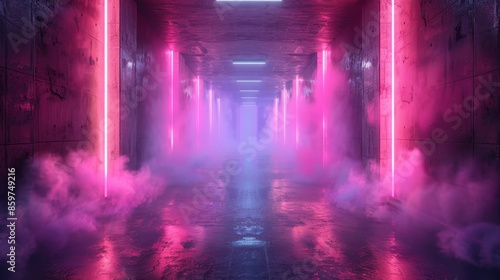 A corridor illuminated with neon lights and filled with mist, creating a futuristic and slightly ethereal atmosphere, reflecting modernity and innovation in the visual.