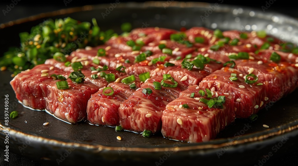 A black plate holds thinly sliced marbled beef topped with green herbs and sesame seeds, presenting a delicious and visually stunning dish perfect for gourmet enthusiasts. A black plate holds thinly sliced marbled beef topped with green herbs and sesame seeds, presenting a delicious and visually stunning dish perfect for gourmet enthusiasts.