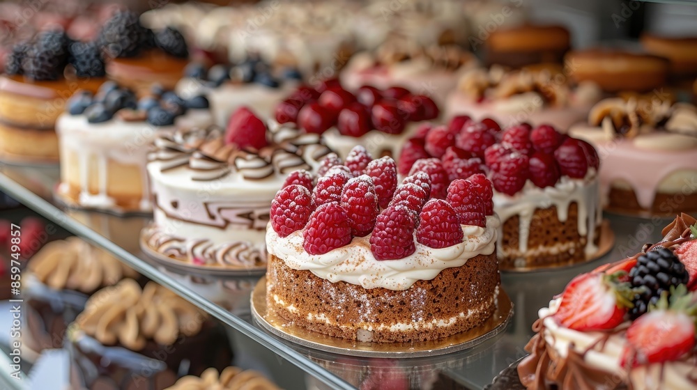 An enticing display of assorted cakes topped with fresh raspberries, blackberries, and cream, showcasing intricate designs at a patisserie. A visual treat for dessert lovers. An enticing display of assorted cakes topped with fresh raspberries, blackberries, and cream, showcasing intricate designs at a patisserie. A visual treat for dessert lovers.