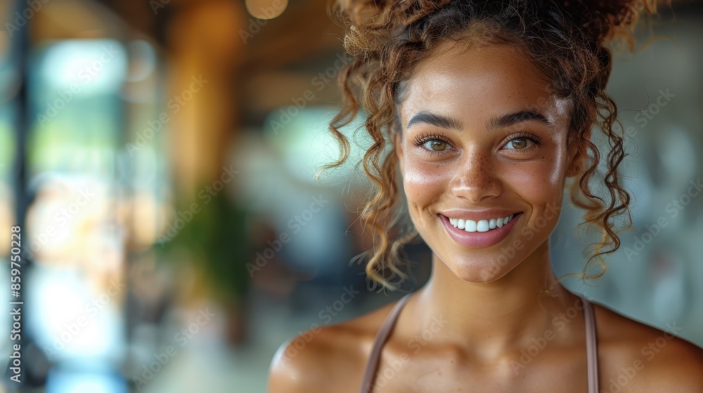 A woman with curly hair, beaming at the camera, set against the backdrop of a brightly lit gym, capturing the essence of fitness and well-being through her joyful expression. A woman with curly hair, beaming at the camera, set against the backdrop of a brightly lit gym, capturing the essence of fitness and well-being through her joyful expression.