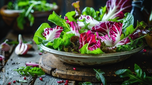 Fresh and healthy chicory salad with a rustic food backdrop © AkuAku