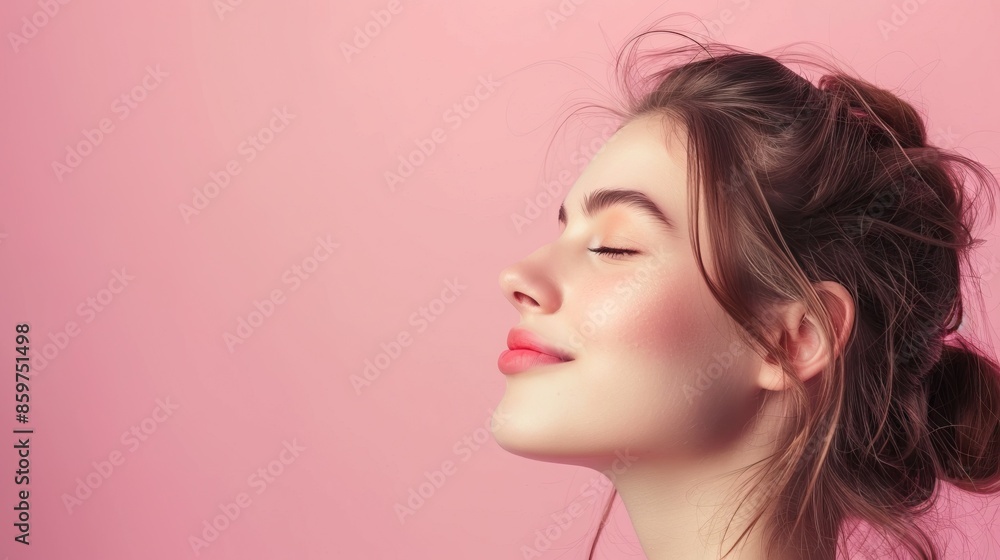 Attractive girl in profile view with cool look on pink background. Attractive girl in profile view with cool look on pink background.
