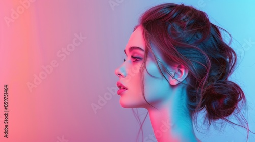 Attractive slender girl posing in dreamy luxury profile portrait.