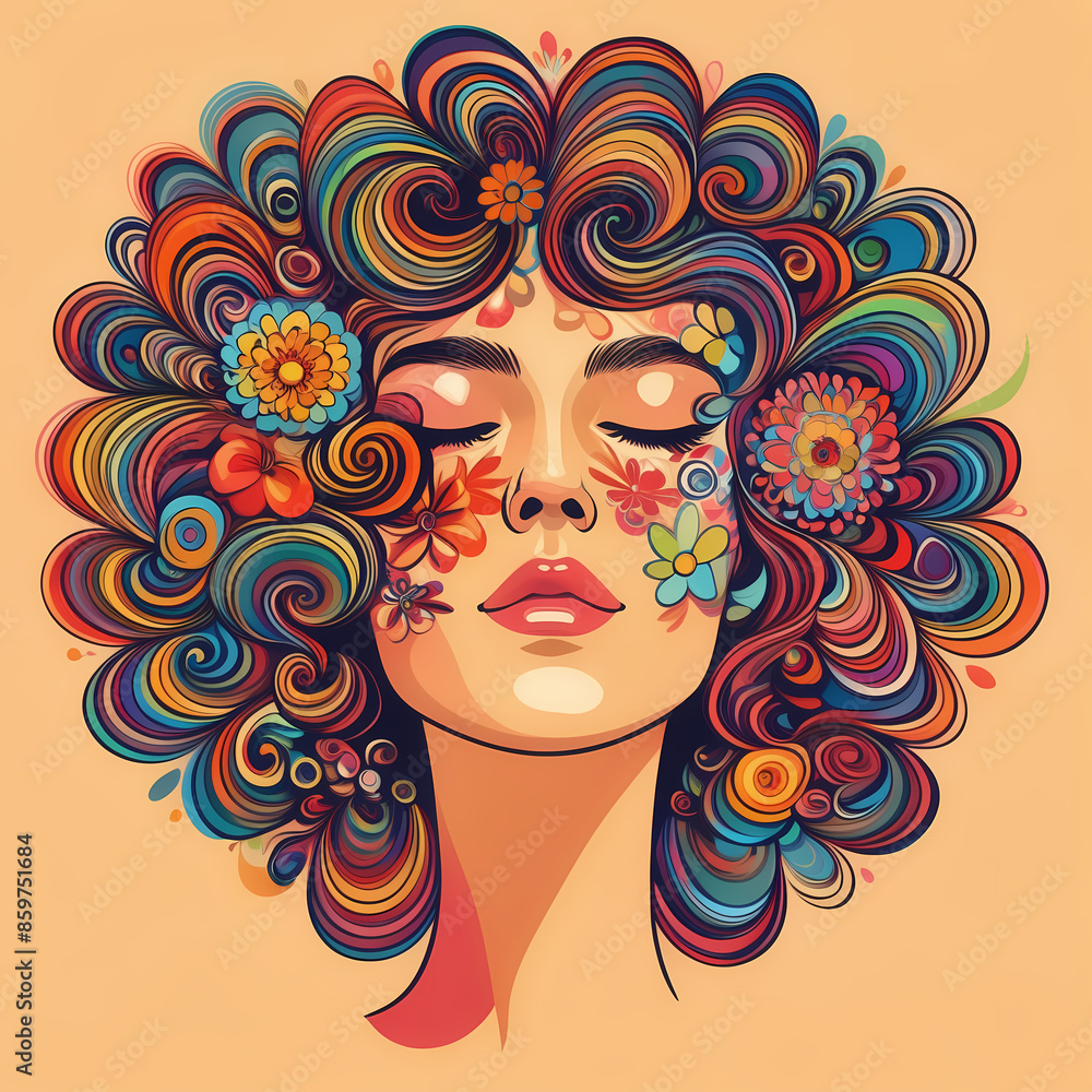 Colorful illustration of a woman's face embracing psychedelic 'flower power' revival, featuring vibrant colors and retro artistic vibes Colorful illustration of a woman's face embracing psychedelic 'flower power' revival, featuring vibrant colors and retro artistic vibes