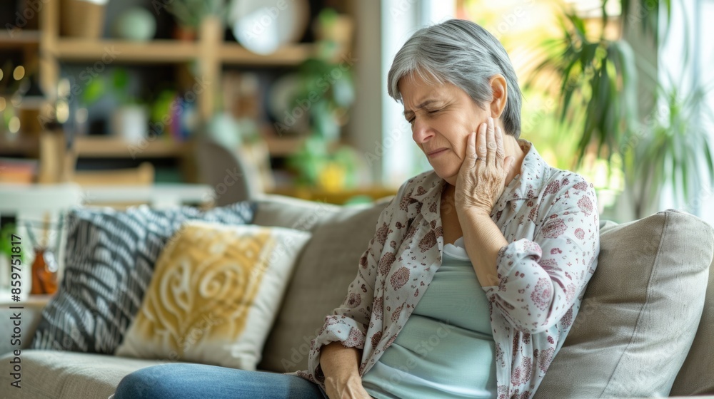Elderly woman with muscle strain on couch backache at home Elderly woman with muscle strain on couch backache at home