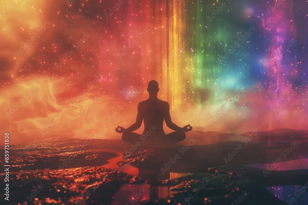 Man in lotus meditation position with Seven Chakras on rainbow energy. Man in lotus meditation position with Seven Chakras on rainbow energy.