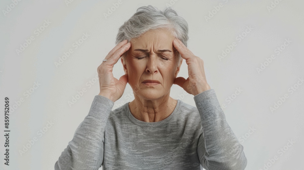 Middle aged woman with headache and dizziness on white background. Middle aged woman with headache and dizziness on white background.