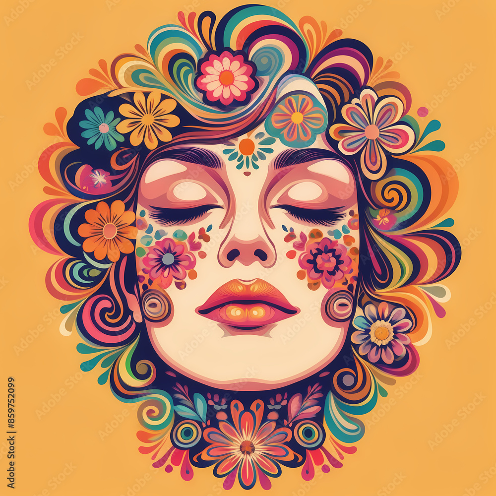 Colorful illustration of a woman's face embracing psychedelic 'flower power' revival, featuring vibrant colors and retro artistic vibes Colorful illustration of a woman's face embracing psychedelic 'flower power' revival, featuring vibrant colors and retro artistic vibes