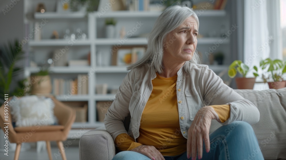 Obraz premium Mature woman in pain from backache on couch.