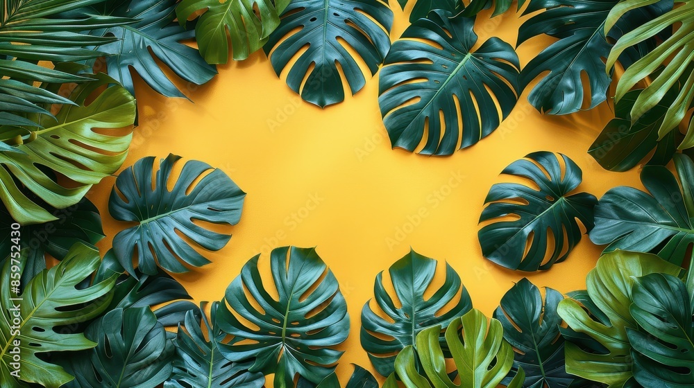 Various monstera leaves artistically placed on a bright yellow background, showcasing their natural beauty and adding a touch of exotic greenery to the composition. Various monstera leaves artistically placed on a bright yellow background, showcasing their natural beauty and adding a touch of exotic greenery to the composition.