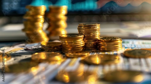 Golden Coins Stacked on Dollar Bills: A Symbol of Wealth