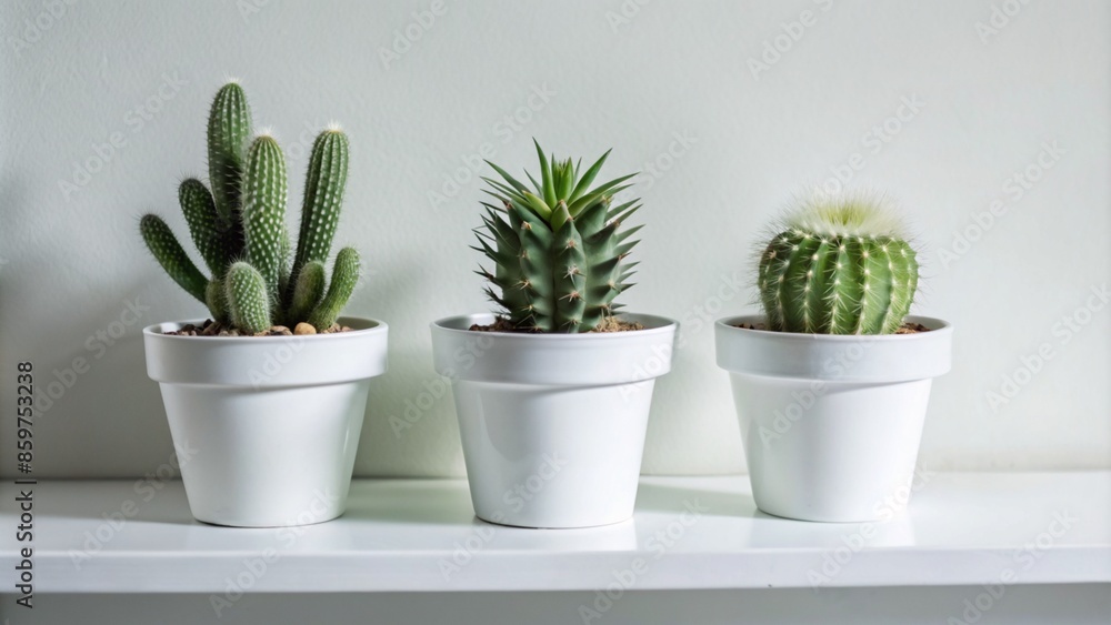Three small cactus and succulent plants in white pots on a white table. Potted plants on a white shelf against a white wall, Three small cactus and succulent plants in white pots on a white table. Potted plants on a white shelf against a white wall,