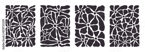 Abstract floral silhouettes design. Modern square shaped flowers posters, contemporary blooming flowers design flat vector illustration set. Trendy botanical cards