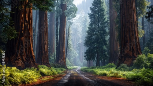 Scenic forest boulevard lined with towering sequoias and leading into a mist-shrouded canyon. photo