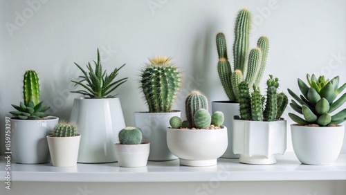 Collection of various cactus and succulent plants in different pots. Potted cactus house plants on white shelf against white wal photo