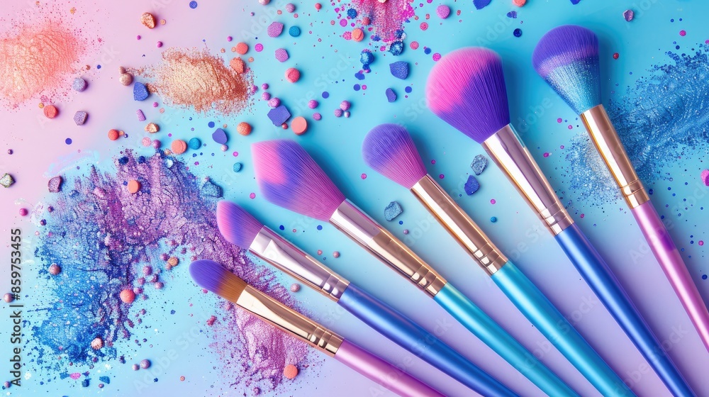 Fototapeta premium Makeup brush set with colorful cosmetics on background