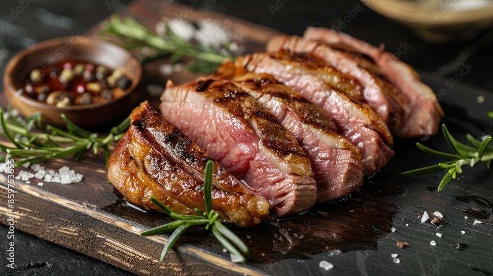 Duck breast meat cooked tastefully as a rustic appetizer Duck breast meat cooked tastefully as a rustic appetizer