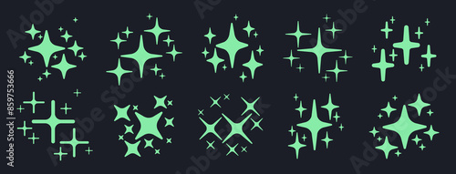 Shiny glitter stars. Sparkle flashlights silhouettes, shiny twinkling sparkles and stars flat vector illustration set. Flickering sparkles collection