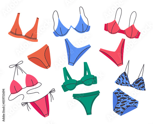 Stylish swimwear. Colorful swimming wear, bikini, bras and panties, women's beach fashion swimwear flat vector illustration set. Summer vacation female garments