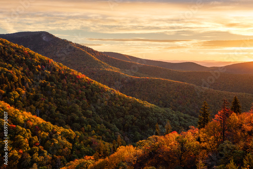 Scenic autumn sunrise, layered ridges, Blue Ridge Mountains, North Carolina