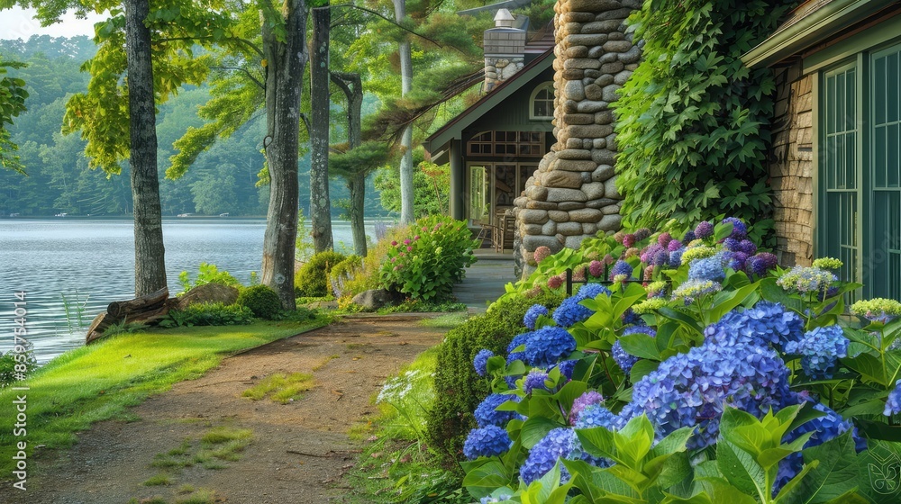 Tranquil lakeside path lined with colorful hydrangeas, leading to a cozy craftsman cottage with a stone chimney. Tranquil lakeside path lined with colorful hydrangeas, leading to a cozy craftsman cottage with a stone chimney.