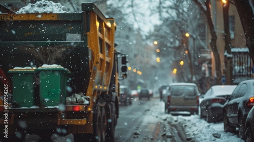 In winter, household waste is removed from residential areas using garbage trucks, dust carts with bin lifts, refuse containers, and snow removal. photo