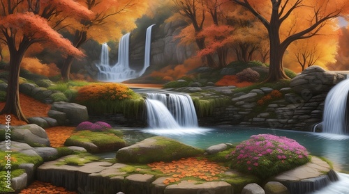 waterfall in autumn Fantasy waterfall with autumn trees and gorgeous flowers in a picturesque scene. photo