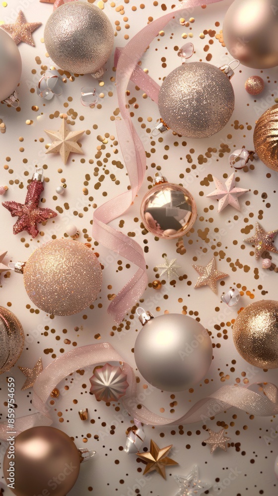 Top view stylish Christmas decorations on ivory background. Flat lay golden, silver and pink Xmas balls and stars with ribbon and shiny confetti. Merry Christmas banner mockup. Top view stylish Christmas decorations on ivory background. Flat lay golden, silver and pink Xmas balls and stars with ribbon and shiny confetti. Merry Christmas banner mockup.