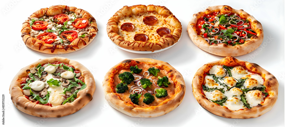 A variety of stuffed crust pizzas with different toppings, captured with vibrant colors and detailed textures A variety of stuffed crust pizzas with different toppings, captured with vibrant colors and detailed textures